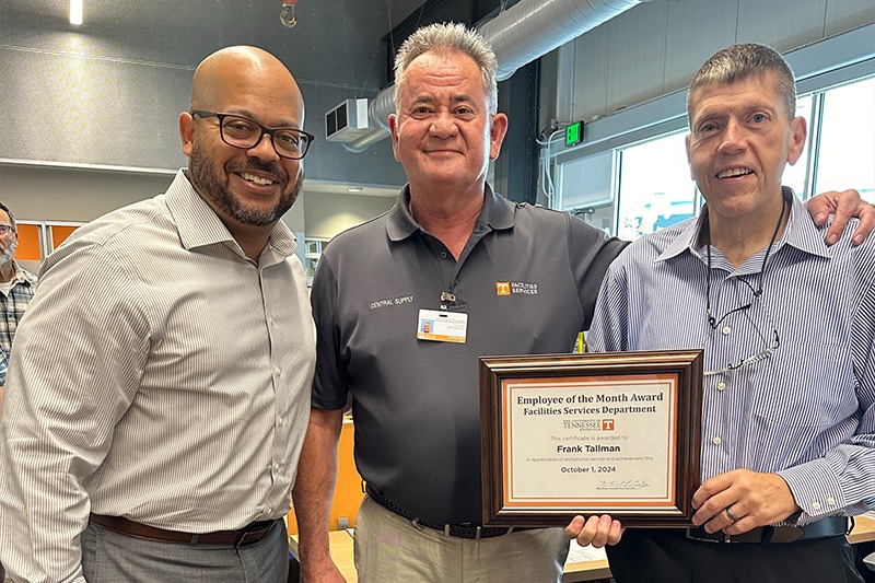 Pictured left to right: Administration and Finance Director Mike Howze, Central Supply Manager Ed Maples, and Employee of the Month Frank Tallman