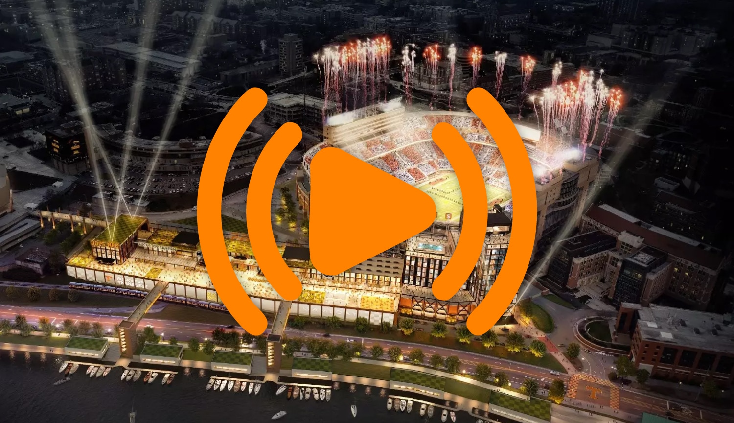 overhead image of Neyland Stadium during a home game at night with fireworks in the air