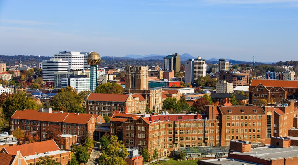 An overview of Hesler Biology Building and Greenhouse’ Ayres Hall and Downtown Knoxville