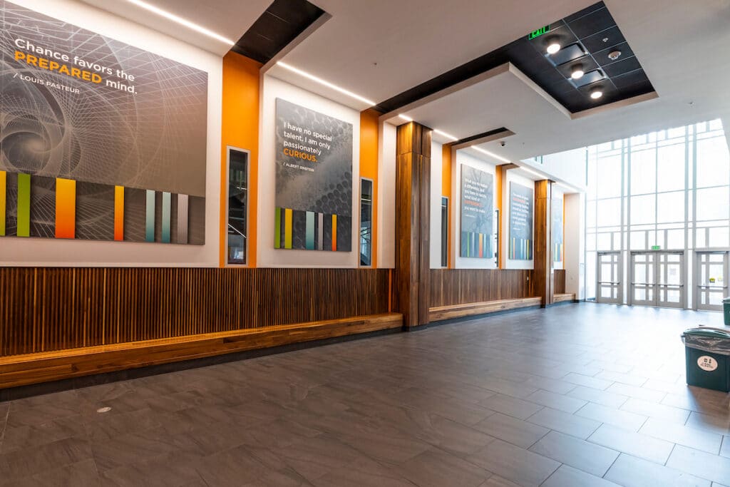 image of a lobby/hallway at Mossman building with natural light streaming in from the right