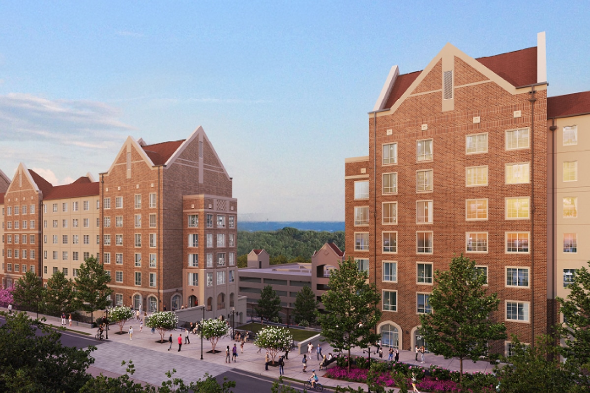 Rendering of Beacon Residence Hall featuring campus design standard features