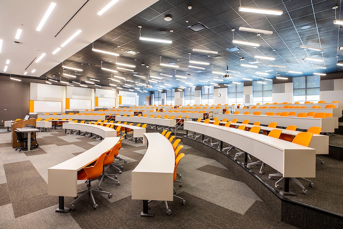 An empty classroom inside the Ken and Blaire Mossman Building