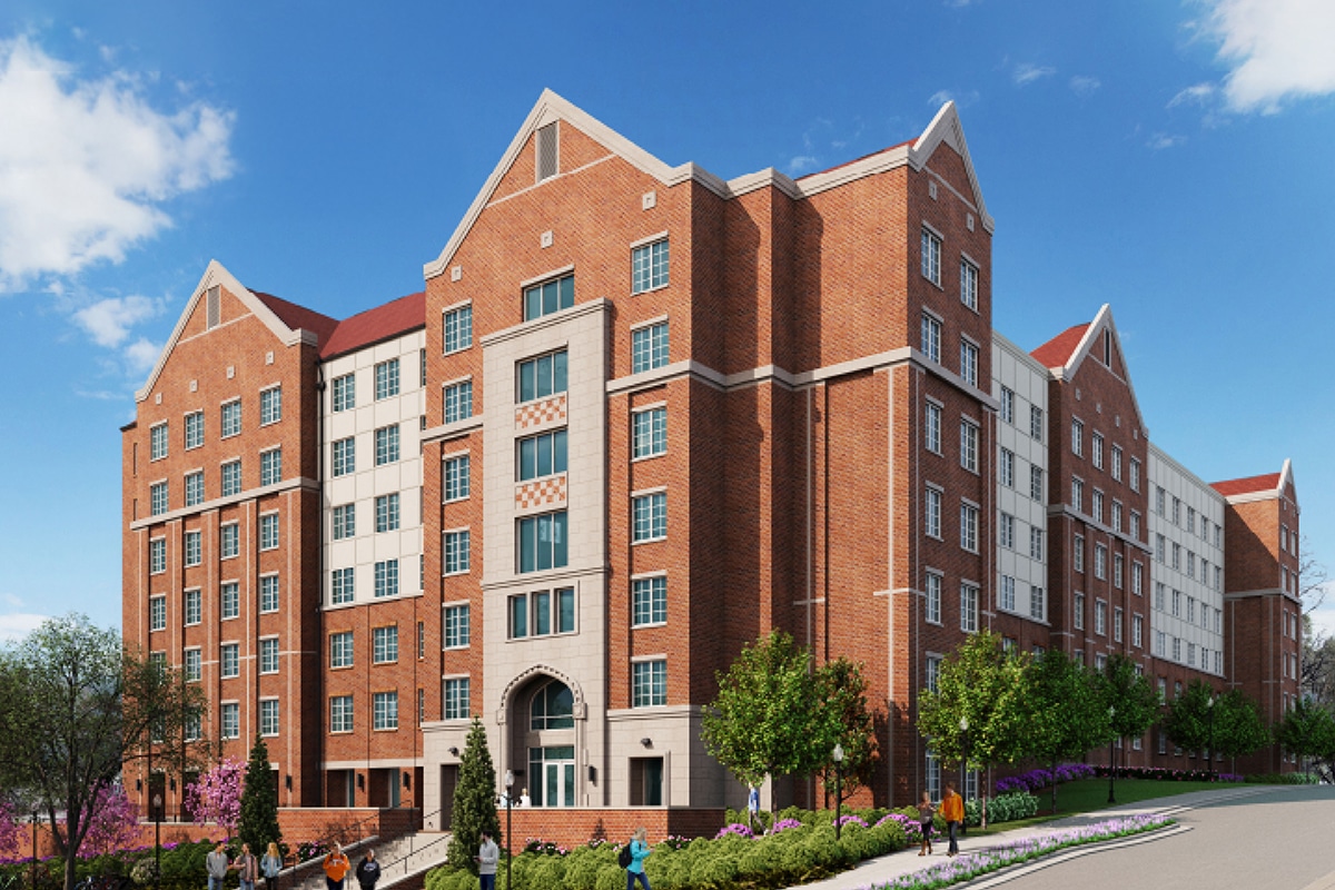 Rendering of Poplar Residence Hall featuring campus design standard features