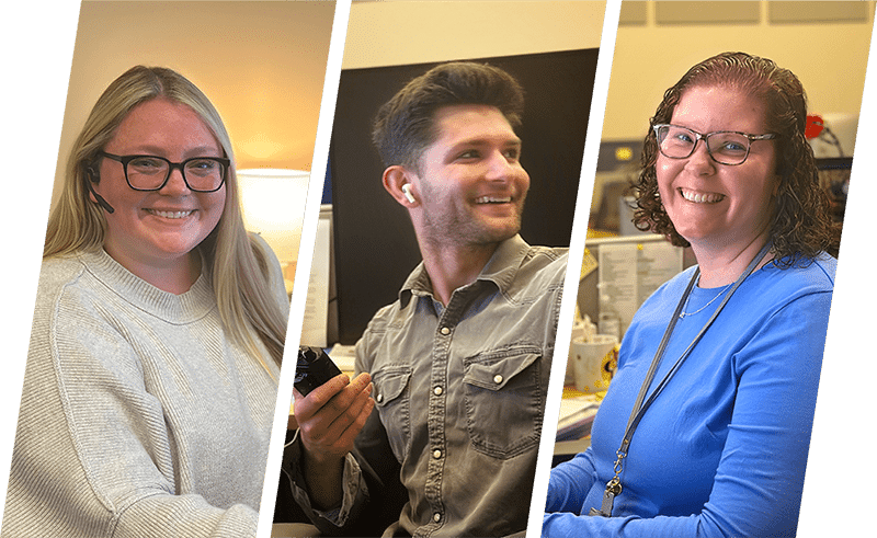 Three smiling professionals seated at their desks in an office, collaborating on work order management tasks
