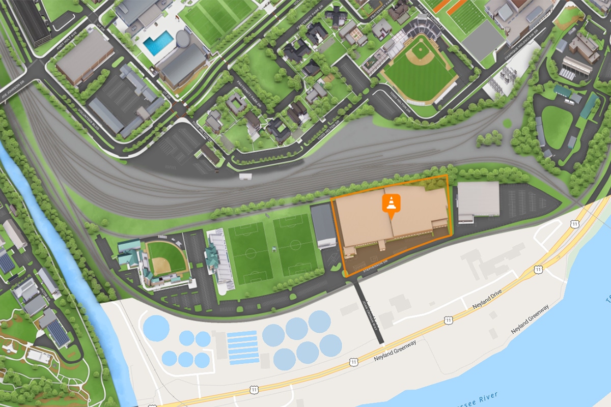 A campus map screenshot highlighting the construction location of the current Fleming Warehouse, marked with a distinct visual indicator for clarity.