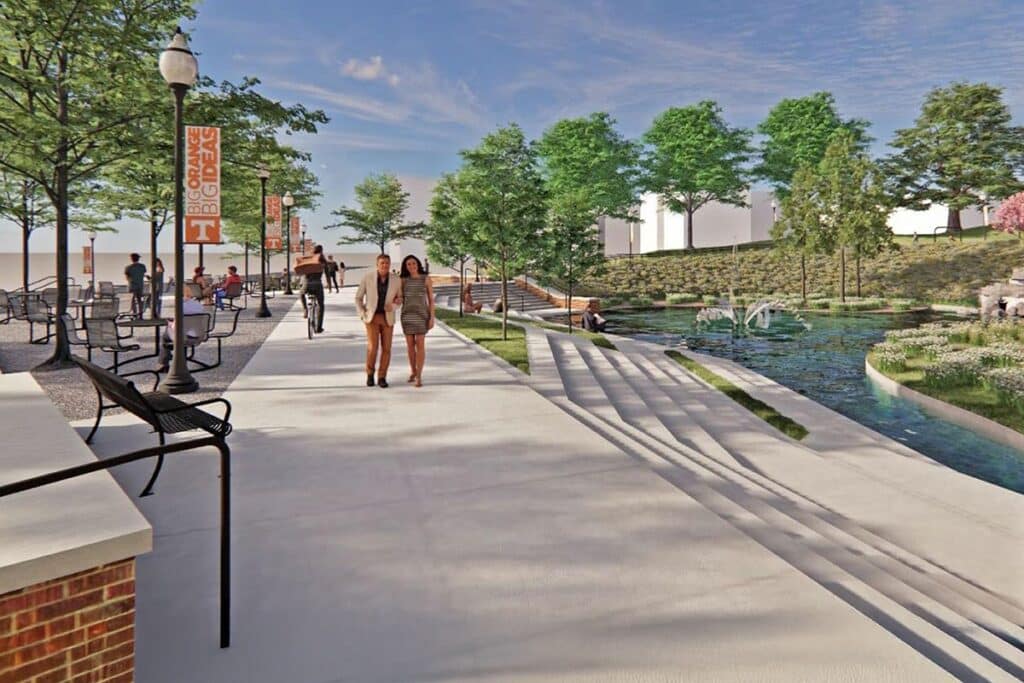 schematic drawing of stormwater facility with seating next to a lovely water feature