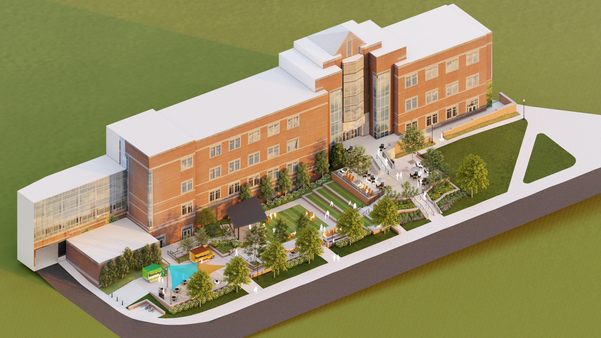 Isometric architectural rendering of a large brick building with a multi-level outdoor plaza featuring green lawns, trees, outdoor seating, and food trucks.