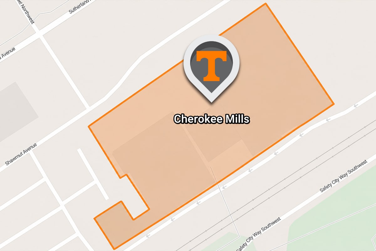 Map showing Cherokee Mills highlighted in orange with a 'T' logo pin.
