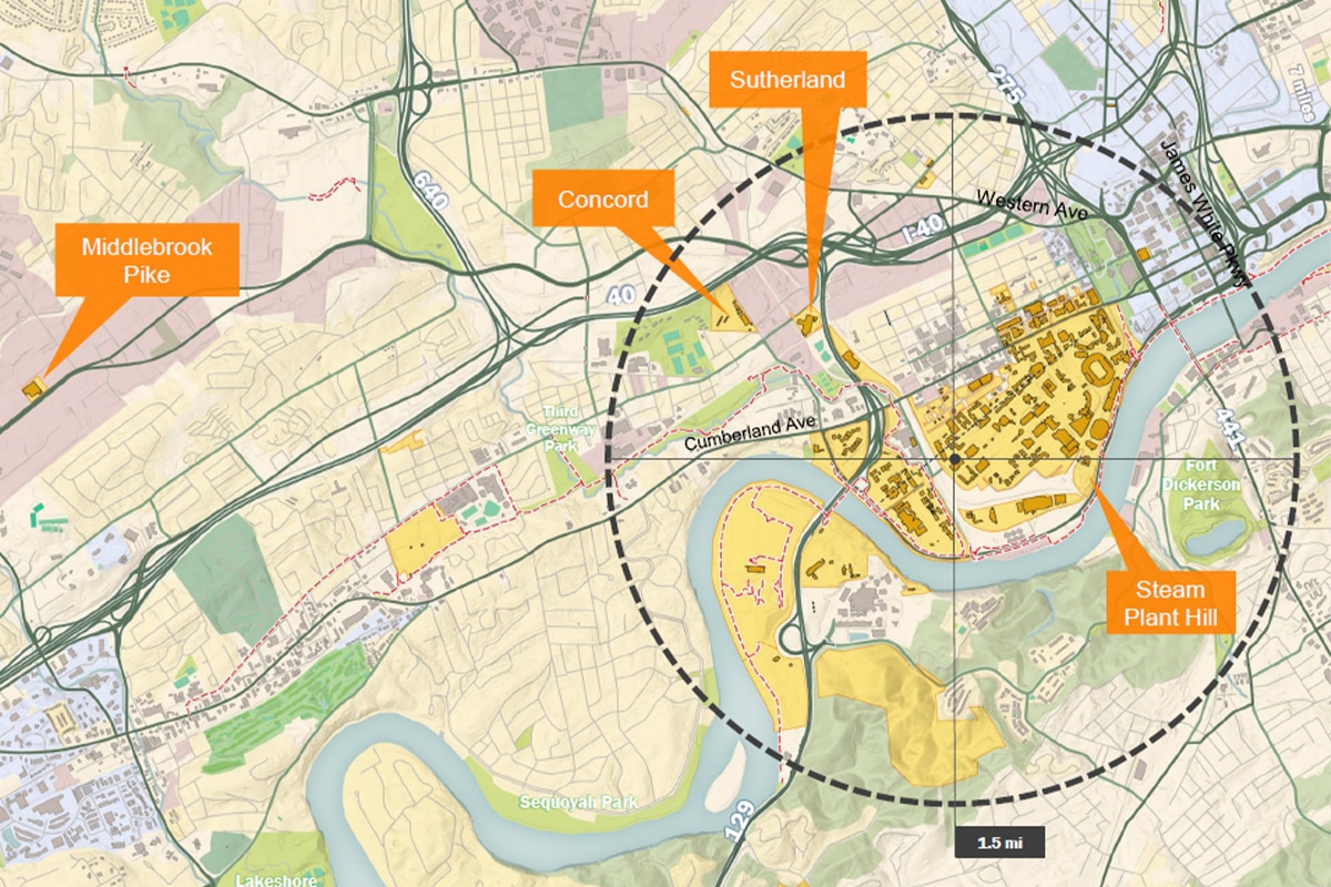 A detailed map showing an urban and suburban area with major highways, rivers, parks, and four highlighted locations: Middlebrook Pike, Concord, Sutherland, and Steam Plant Hill, all within a 1.5-mile radius.