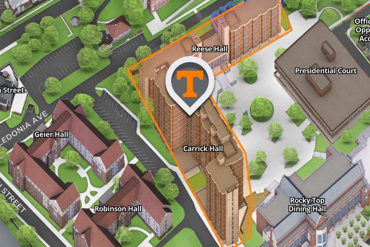 Map of a university campus showing Residence Halls highlighted with an orange outline and a pin icon with an orange 'T' logo.
